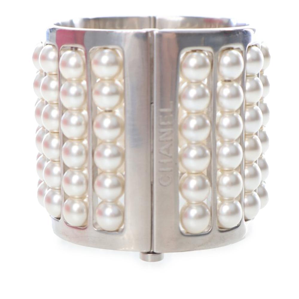 Chanel AB Chanel Silver with White Pearl Silver Plated Metal Wide Pearl Cuff Bracelet France