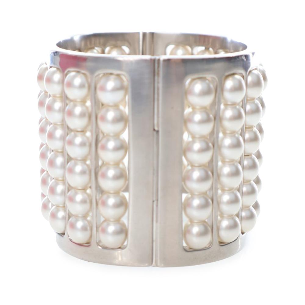 Chanel AB Chanel Silver with White Pearl Silver Plated Metal Wide Pearl Cuff Bracelet France