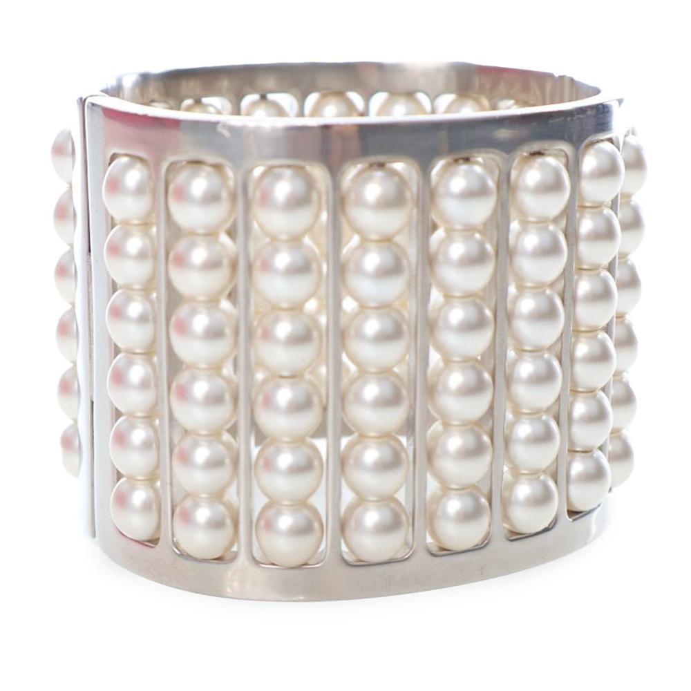 Chanel AB Chanel Silver with White Pearl Silver Plated Metal Wide Pearl Cuff Bracelet France
