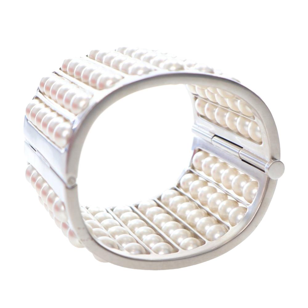 Chanel AB Chanel Silver with White Pearl Silver Plated Metal Wide Pearl Cuff Bracelet France