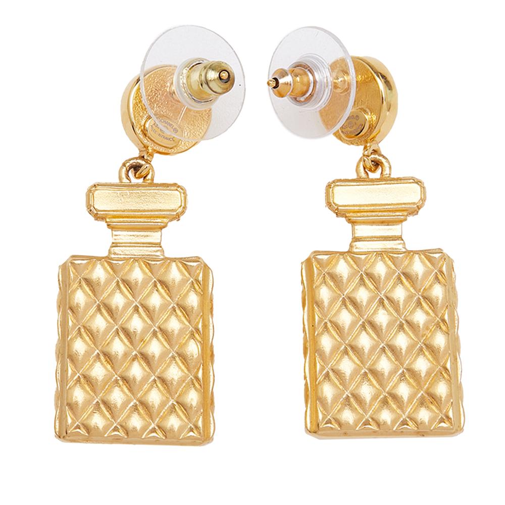 Chanel Gold Gold Plated and Faux Pearl Crystal CC Perfume Bottle Drop Push Back Earrings France