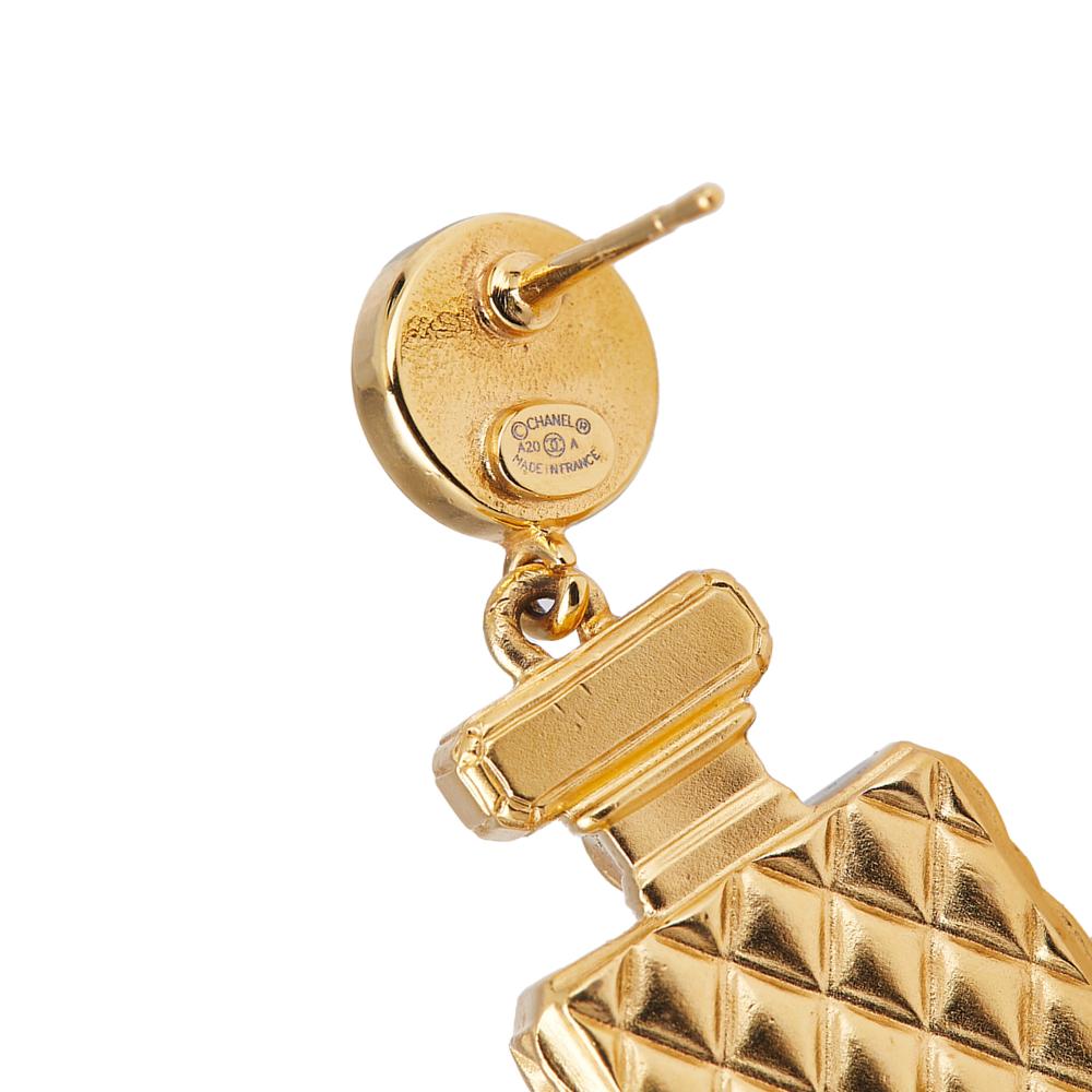 Chanel Gold Gold Plated and Faux Pearl Crystal CC Perfume Bottle Drop Push Back Earrings France