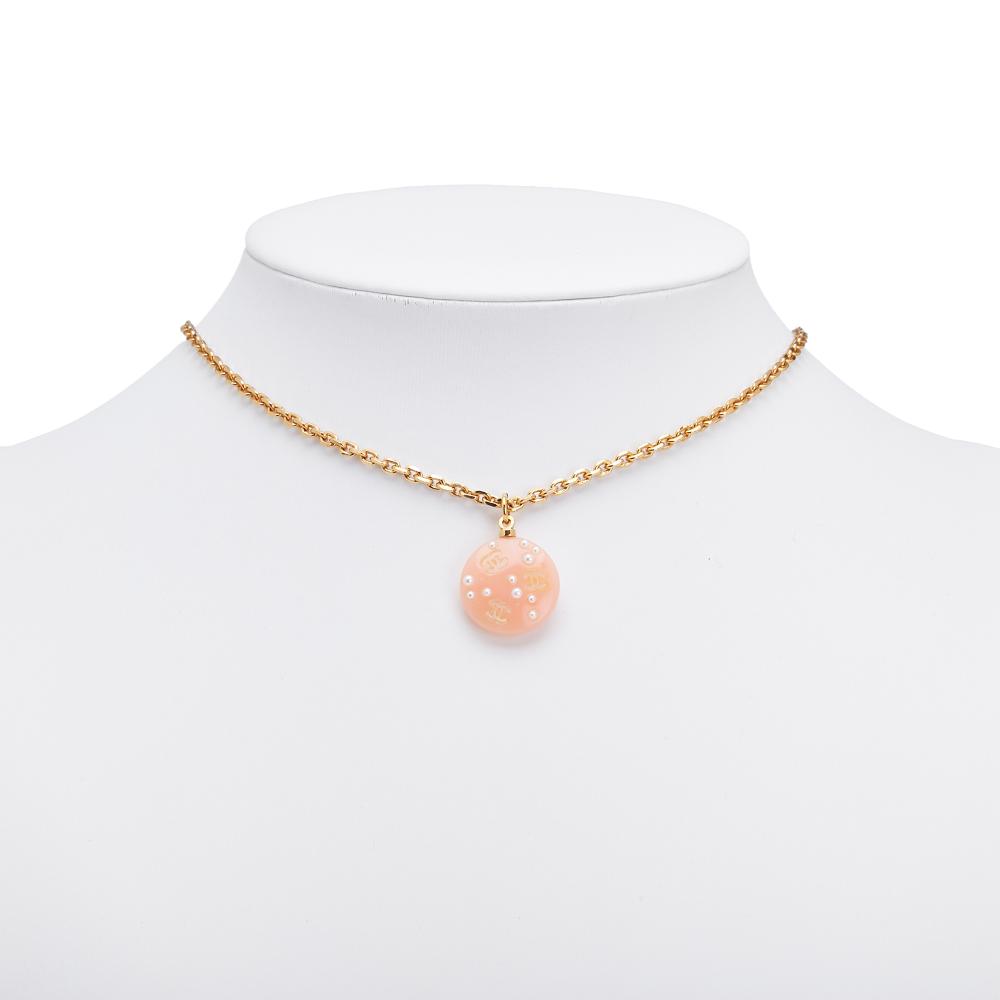 Chanel B Chanel Pink with Gold Resin Plastic CC Faux Pearl Pendant Necklace France