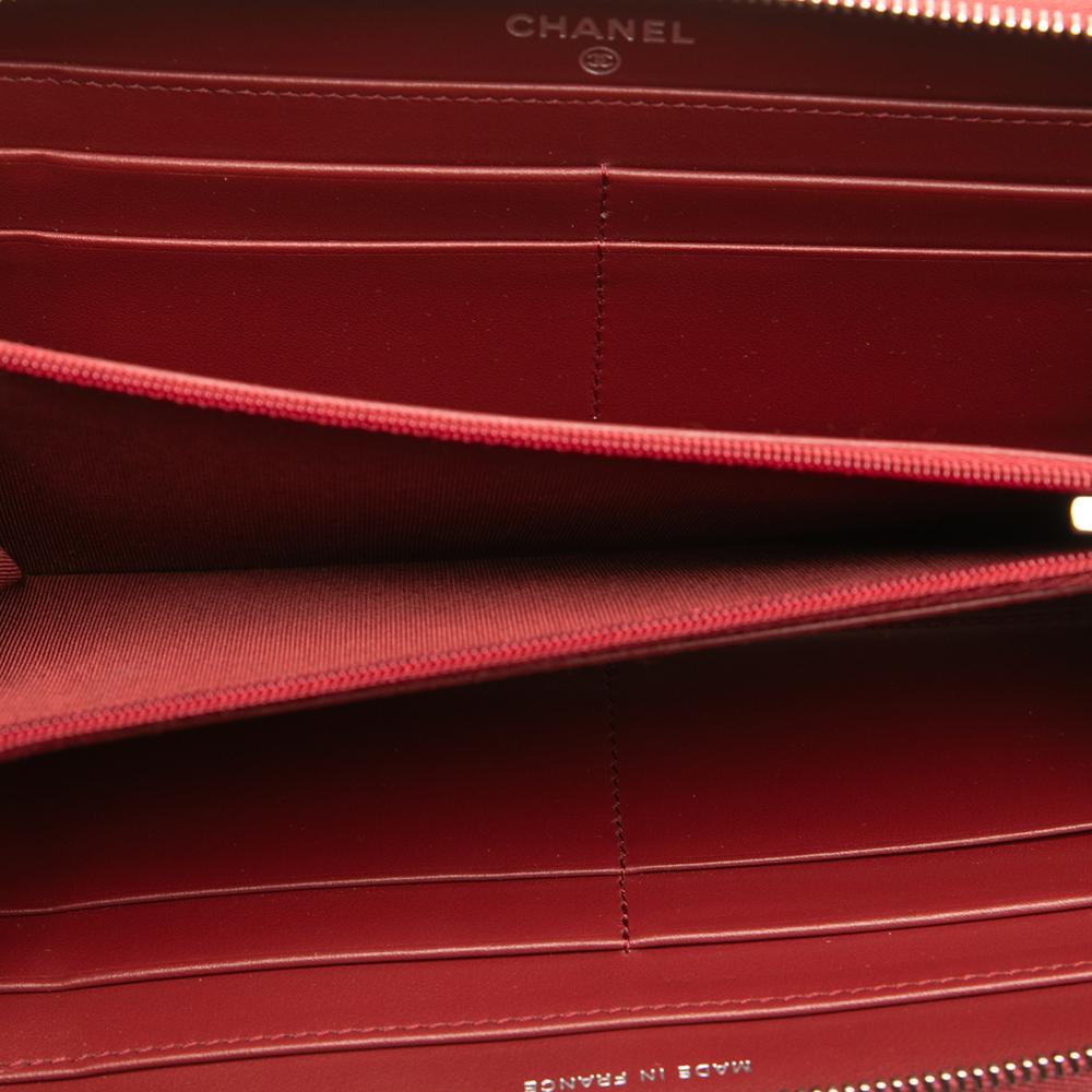Chanel B Chanel Red Dark Red Caviar Leather Leather CC Quilted Caviar Zip Around Long Wallet France