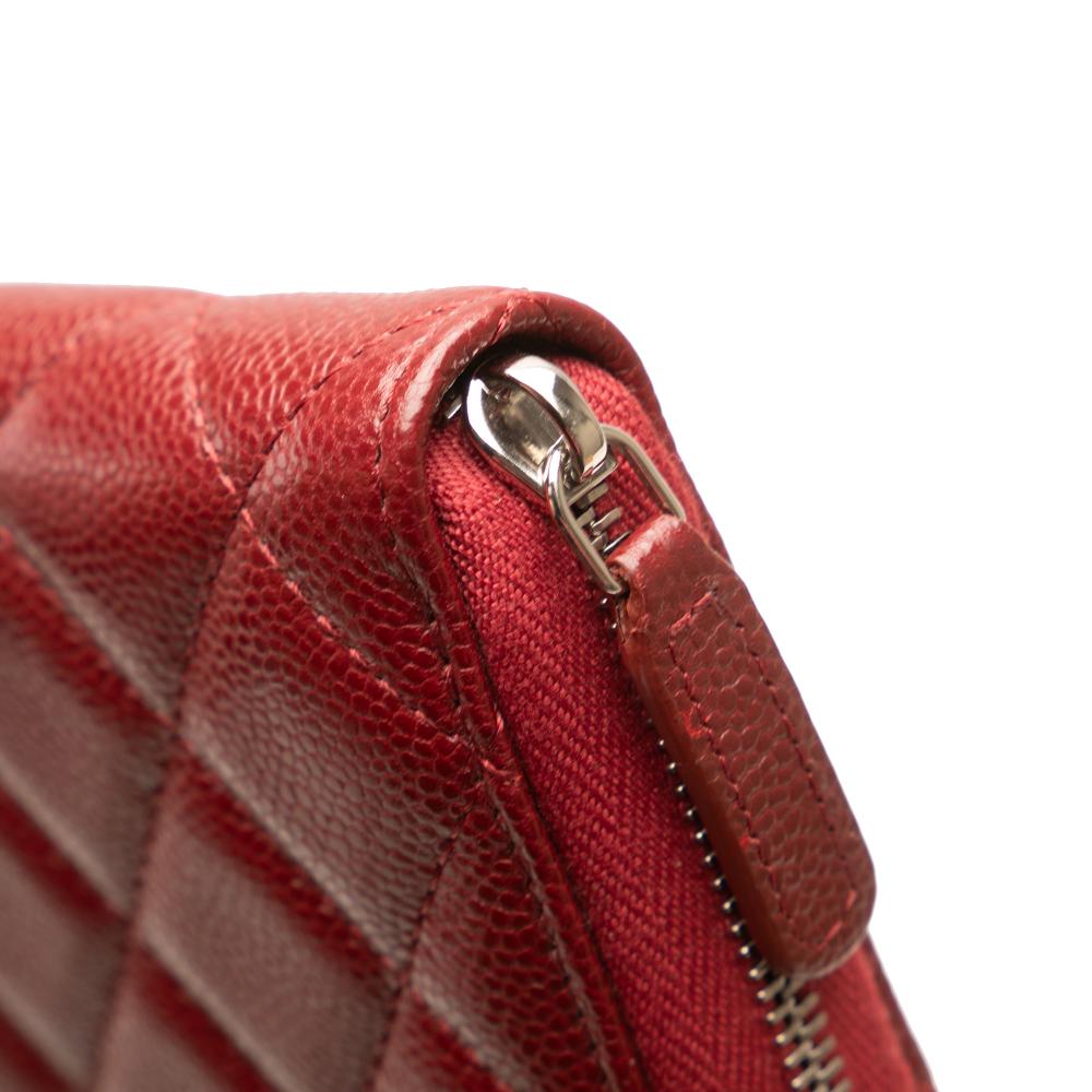 Chanel B Chanel Red Dark Red Caviar Leather Leather CC Quilted Caviar Zip Around Long Wallet France