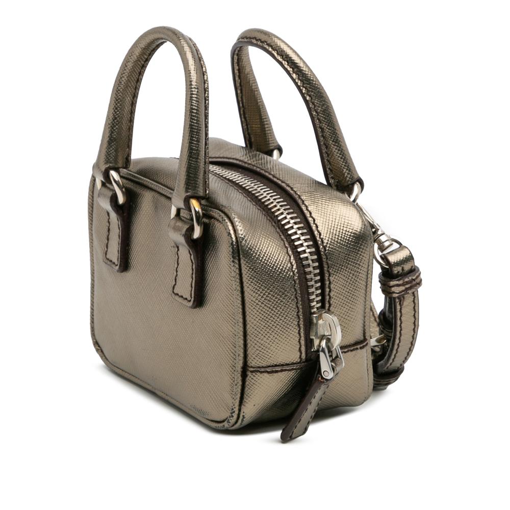 Prada B Prada Gray Saffiano Leather Mini Metallic Top Handle Bag Charm Italy