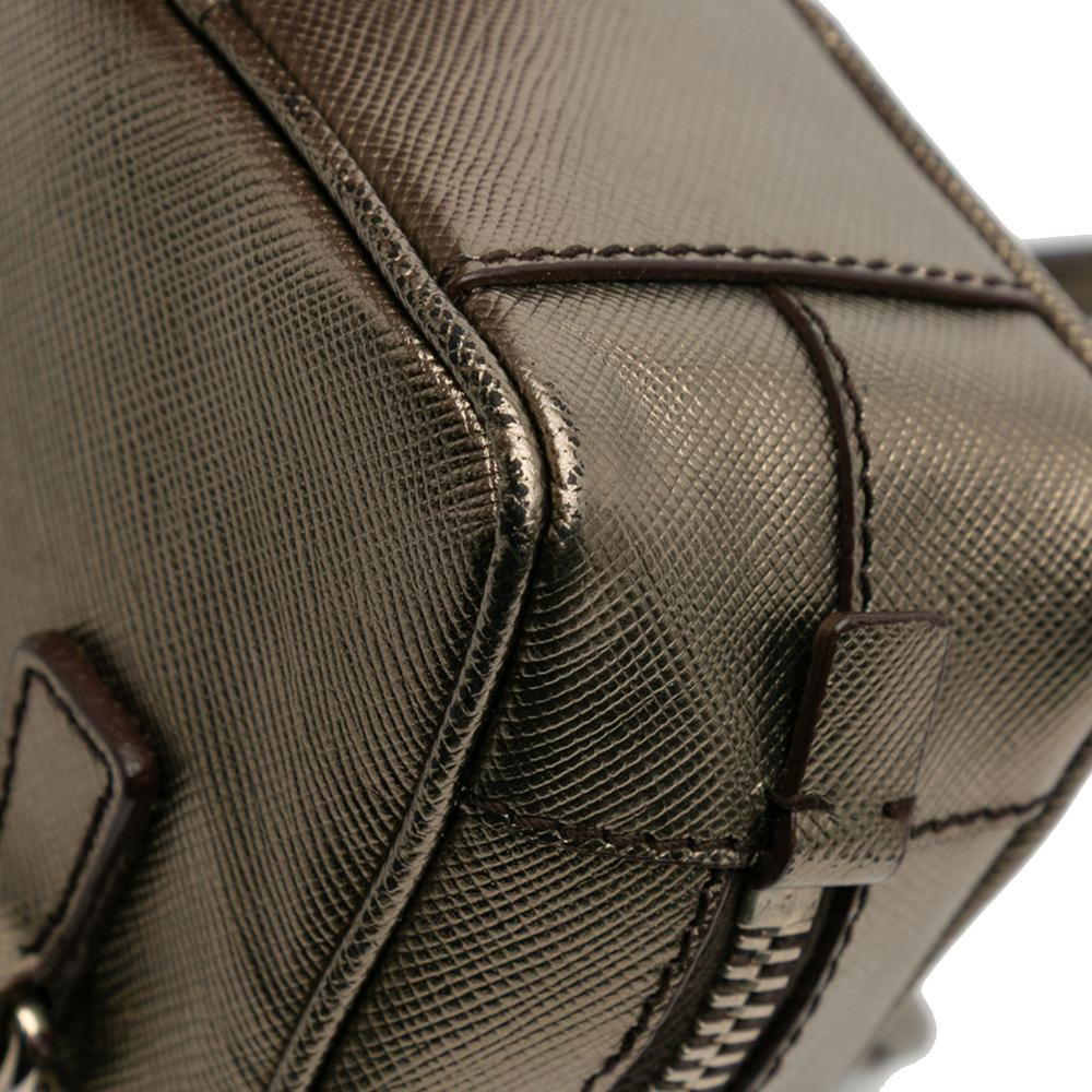 Prada B Prada Gray Saffiano Leather Mini Metallic Top Handle Bag Charm Italy