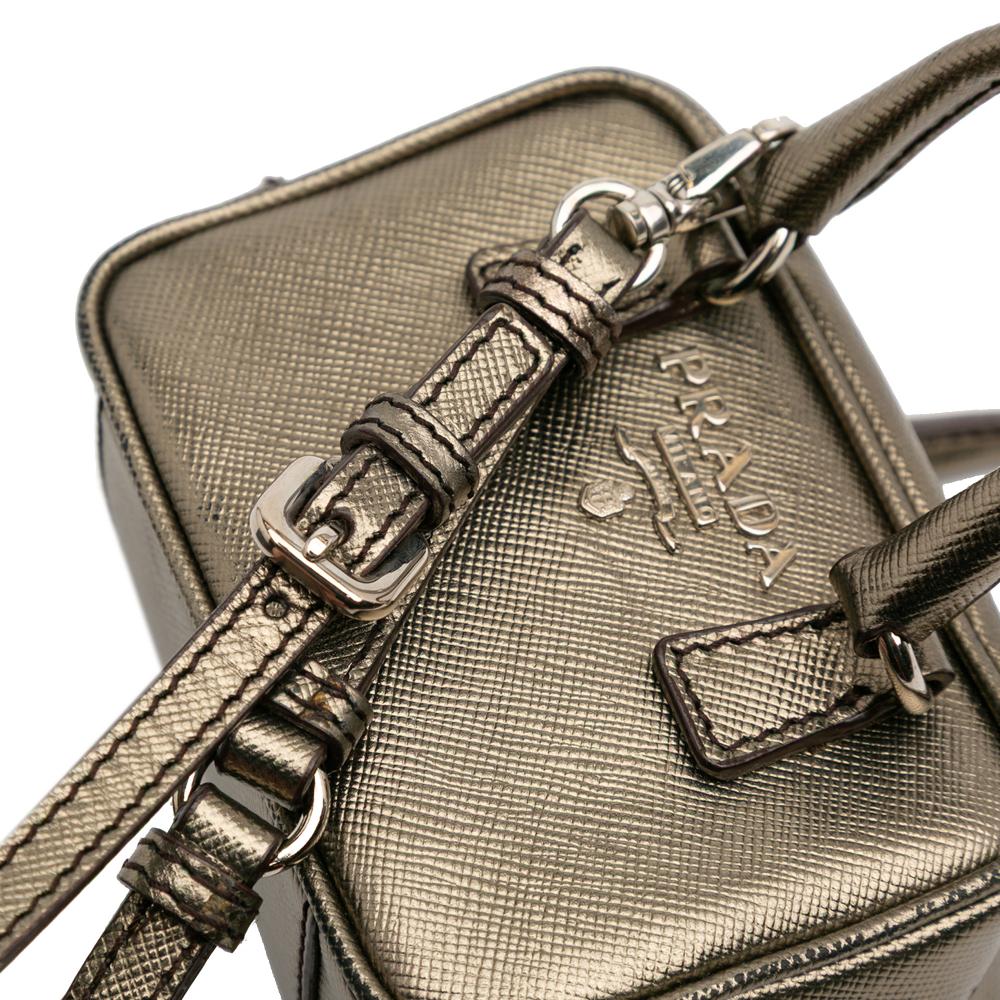 Prada B Prada Gray Saffiano Leather Mini Metallic Top Handle Bag Charm Italy