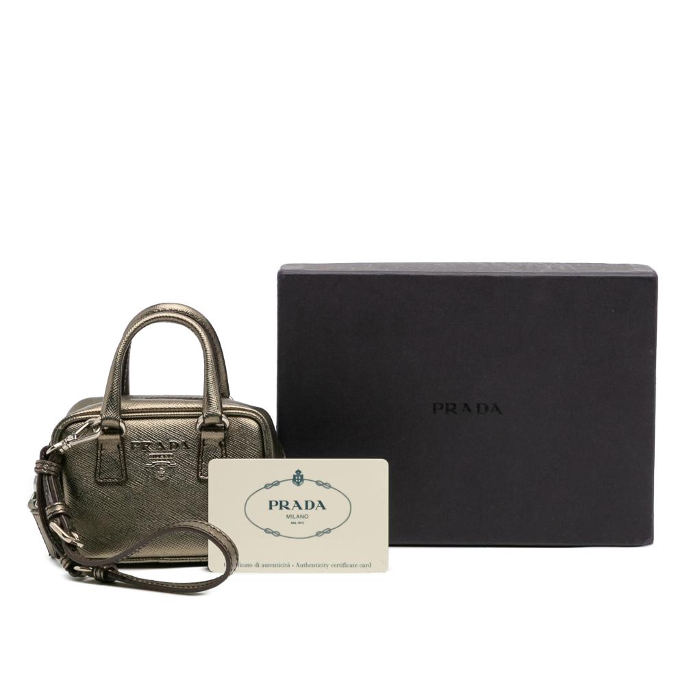 Prada B Prada Gray Saffiano Leather Mini Metallic Top Handle Bag Charm Italy