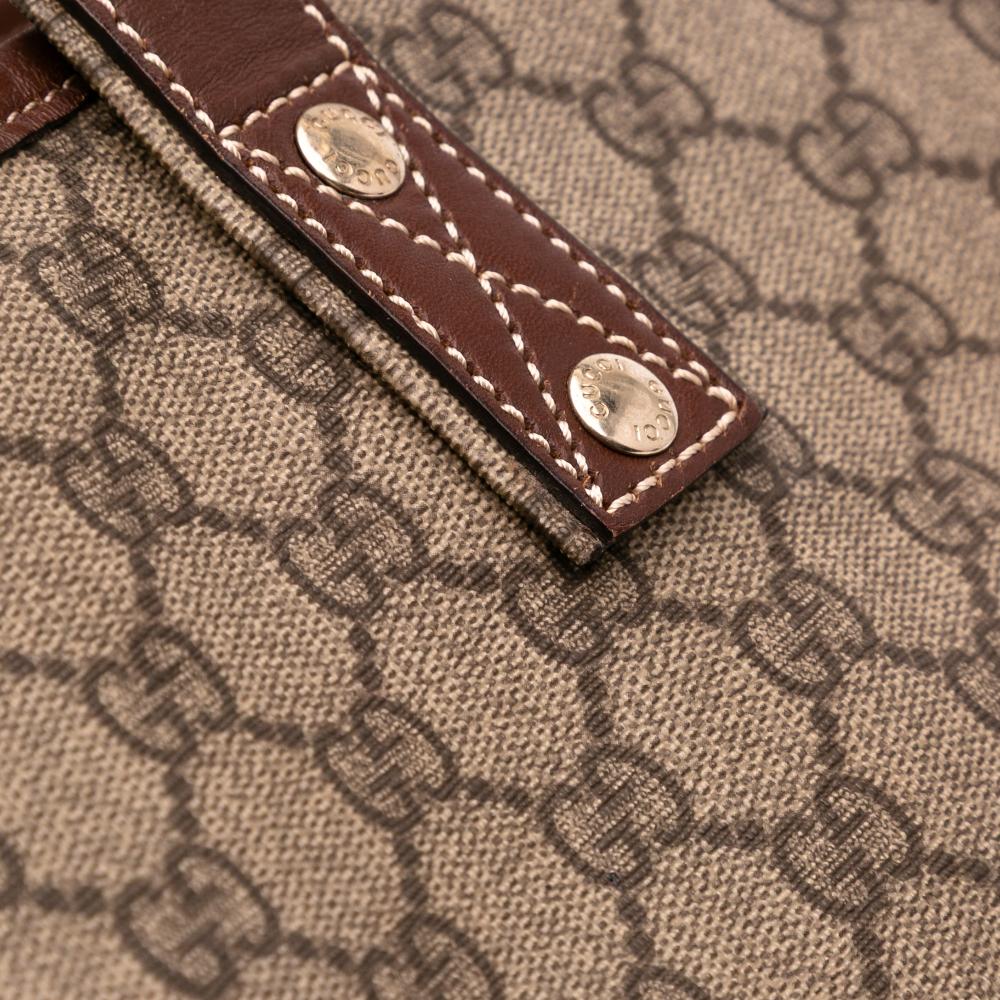 Gucci B Gucci Brown Beige Coated Canvas Fabric Large GG Supreme Web Loop Tote Italy