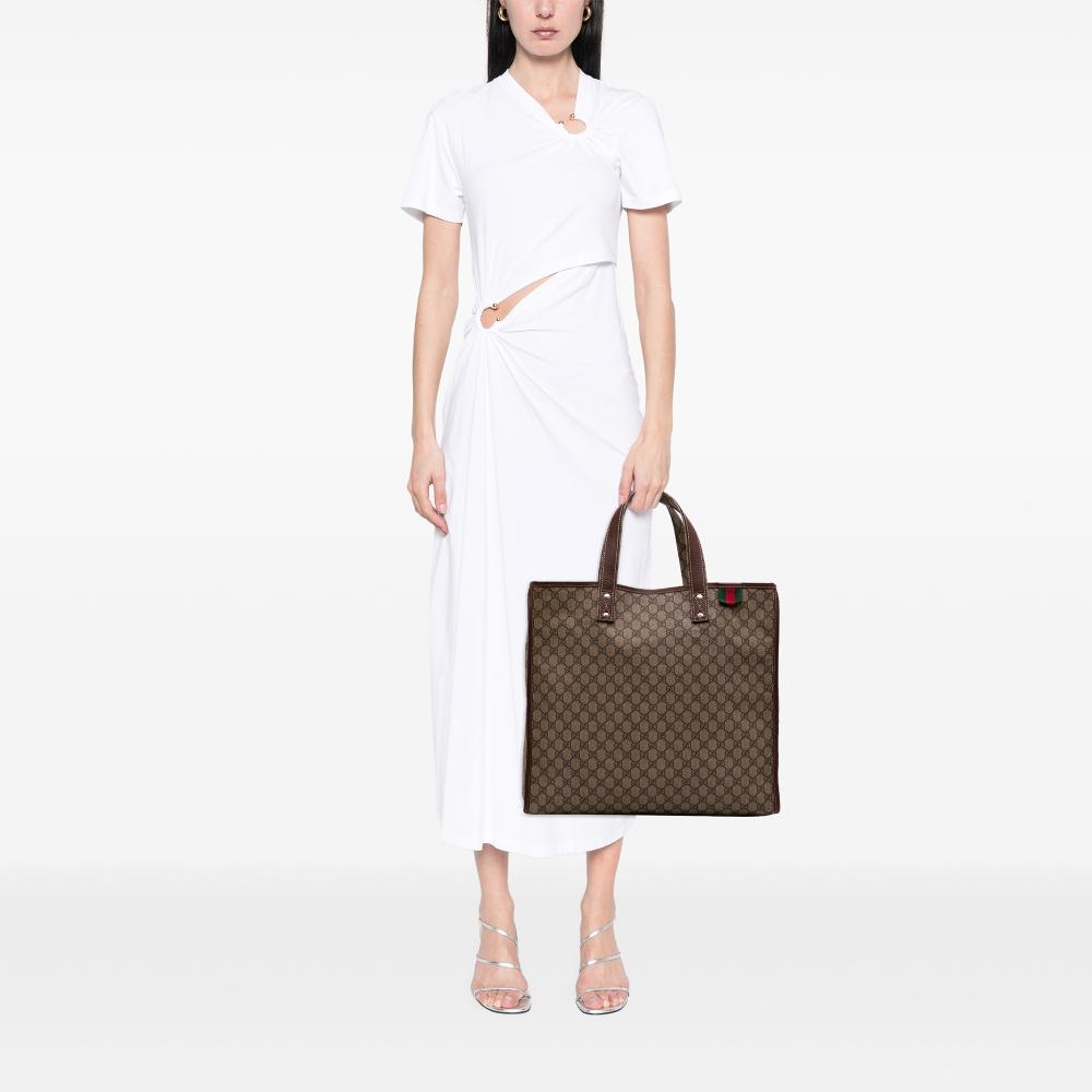 Gucci B Gucci Brown Beige Coated Canvas Fabric Large GG Supreme Web Loop Tote Italy