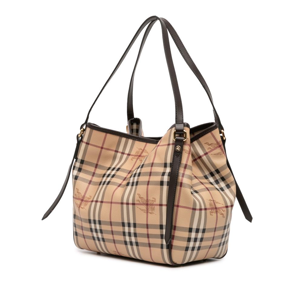 Burberry B Burberry Brown Beige Coated Canvas Fabric Small Haymarket Check Canterbury Tote Italy
