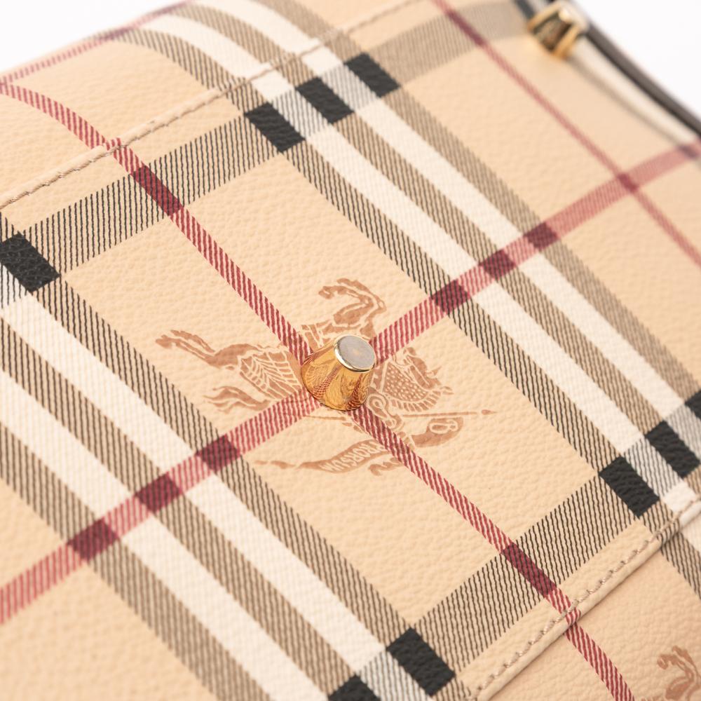 Burberry B Burberry Brown Beige Coated Canvas Fabric Small Haymarket Check Canterbury Tote Italy