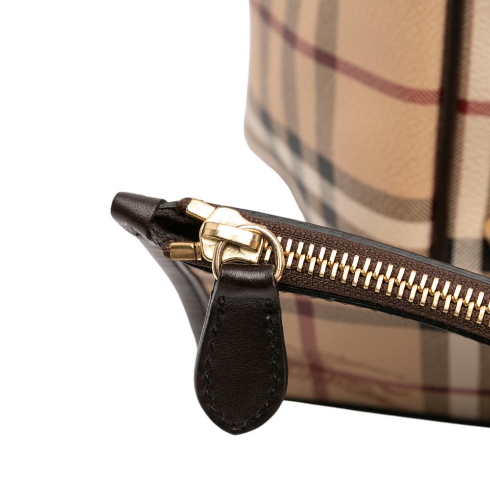Burberry B Burberry Brown Beige Coated Canvas Fabric Small Haymarket Check Canterbury Tote Italy
