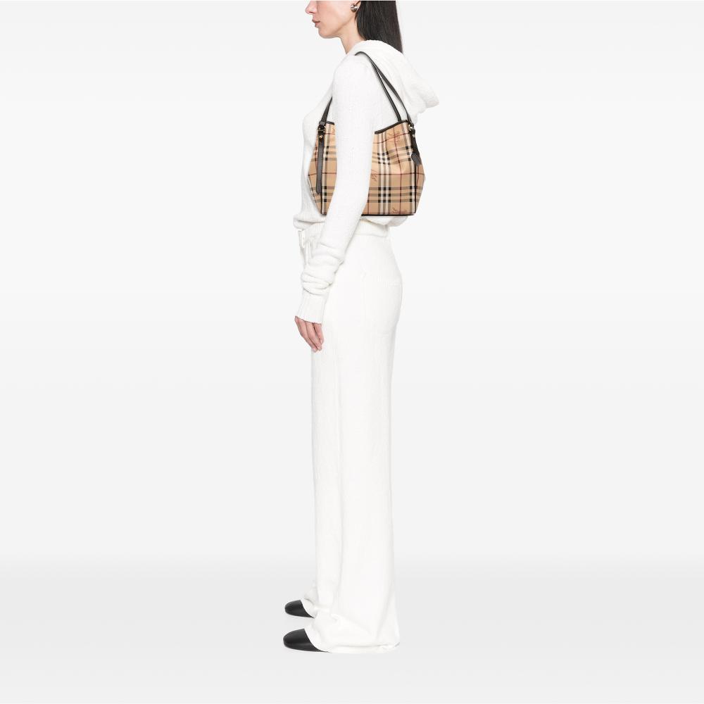 Burberry B Burberry Brown Beige Coated Canvas Fabric Small Haymarket Check Canterbury Tote Italy