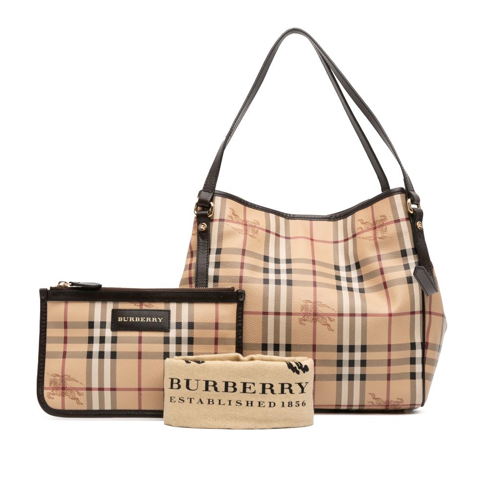 Burberry B Burberry Brown Beige Coated Canvas Fabric Small Haymarket Check Canterbury Tote Italy