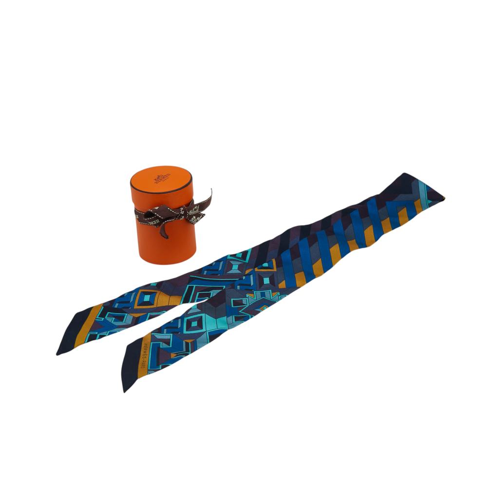 Hermès A Hermès Blue Dark Blue with Multi Silk Fabric Le Fil d'Ariane Twilly Scarf France