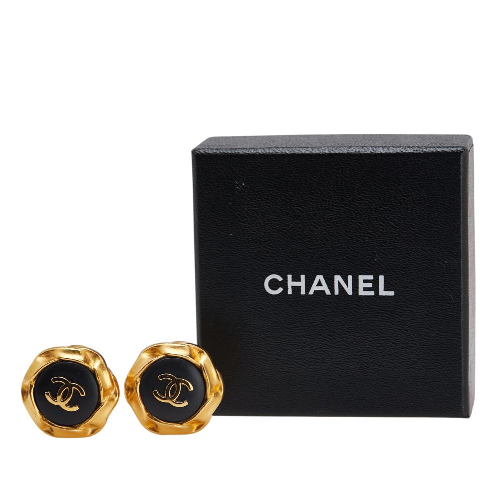 Chanel B Chanel Gold Gold Plated Metal and Acrylic CC Hexagon Clip On Earrings France