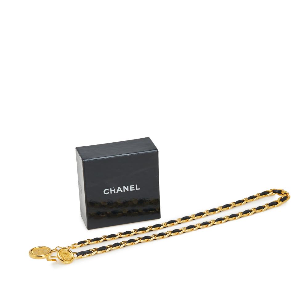 Chanel B Chanel Gold with Black Gold Plated Metal Medallion Leather Woven Chain Belt France