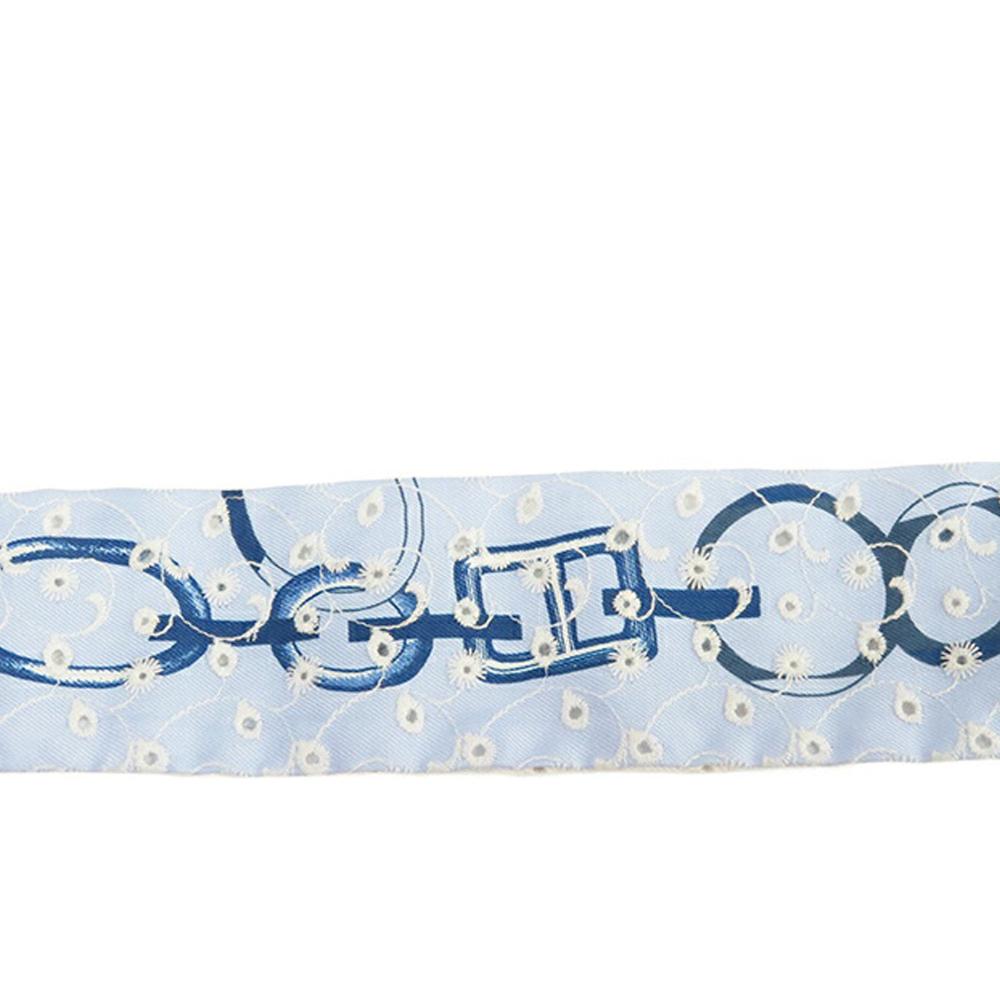 Hermès AB Hermès Blue Light Blue Silk Fabric Do Re Boucles Broderie Anglaise Twilly Scarf France