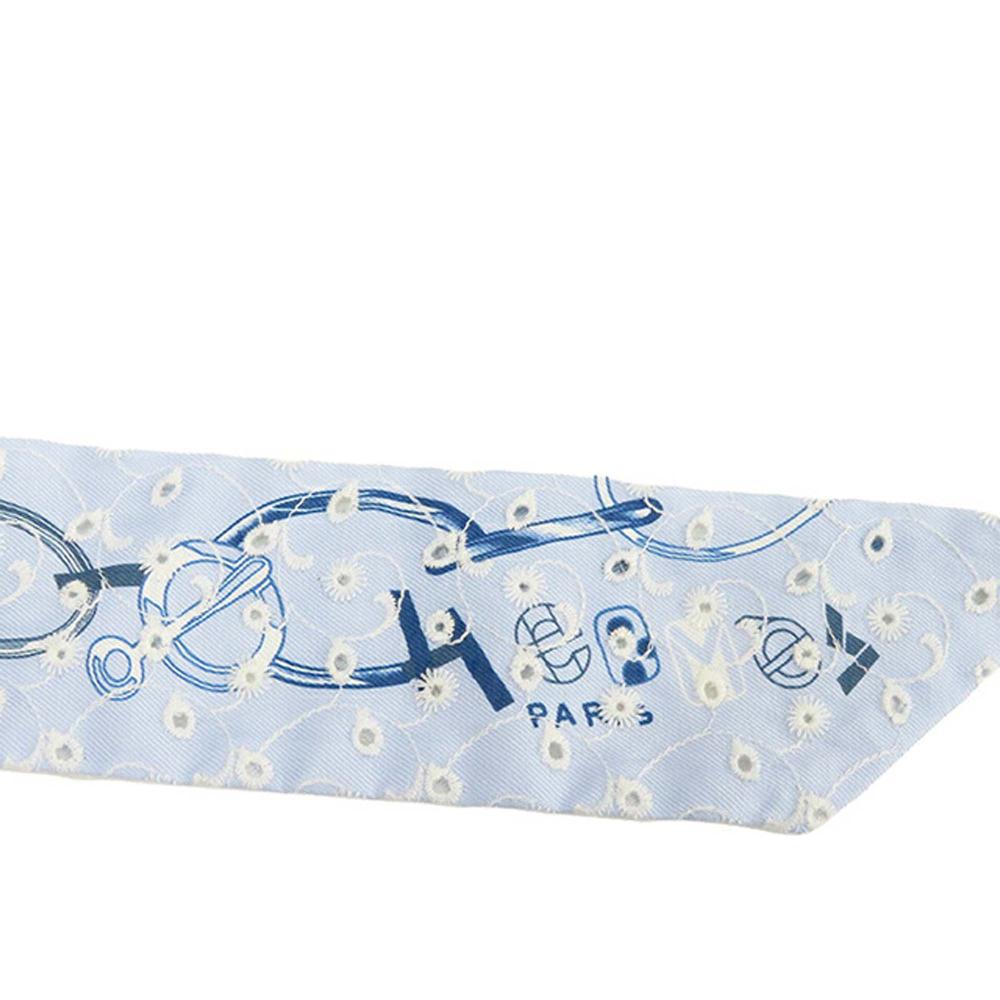 Hermès AB Hermès Blue Light Blue Silk Fabric Do Re Boucles Broderie Anglaise Twilly Scarf France