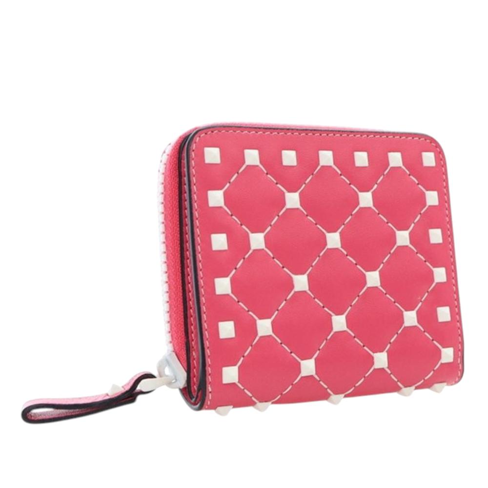 Valentino Pink Lambskin Free Rockstud Spike Compact Zip Around Wallet Italy