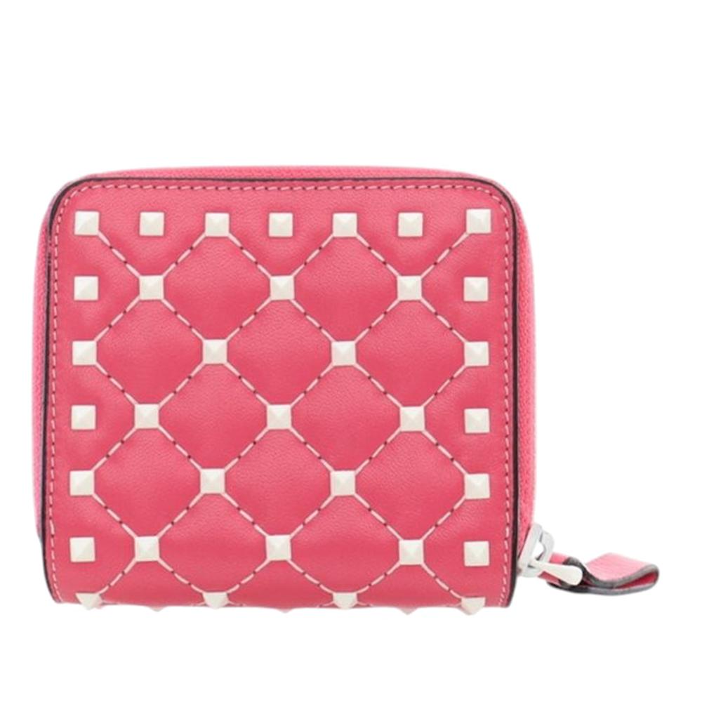 Valentino Pink Lambskin Free Rockstud Spike Compact Zip Around Wallet Italy