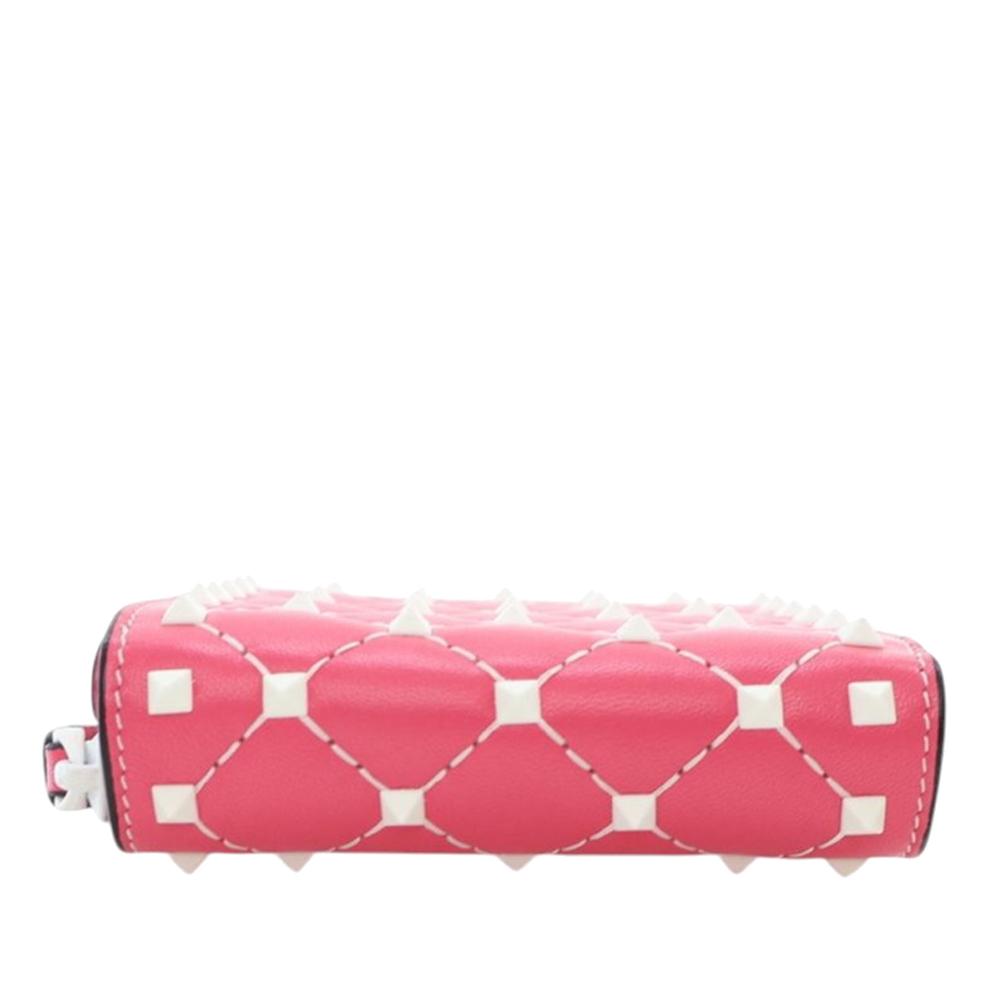 Valentino Pink Lambskin Free Rockstud Spike Compact Zip Around Wallet Italy