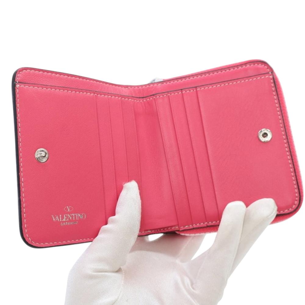 Valentino Pink Lambskin Free Rockstud Spike Compact Zip Around Wallet Italy
