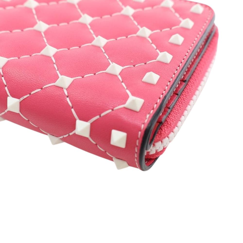 Valentino Pink Lambskin Free Rockstud Spike Compact Zip Around Wallet Italy