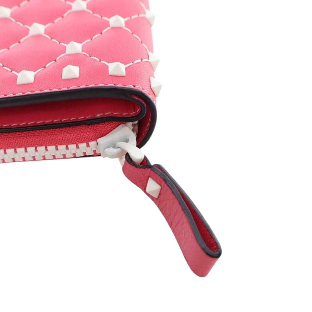Valentino Pink Lambskin Free Rockstud Spike Compact Zip Around Wallet Italy
