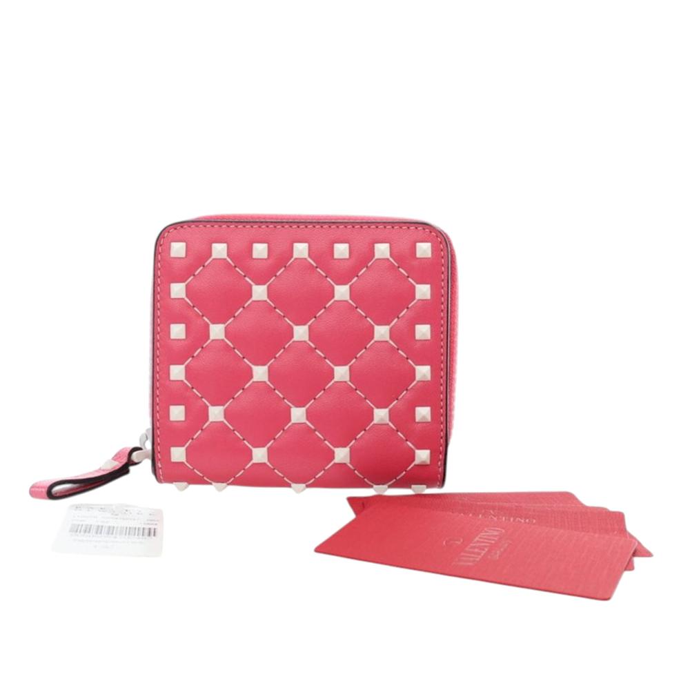 Valentino Pink Lambskin Free Rockstud Spike Compact Zip Around Wallet Italy