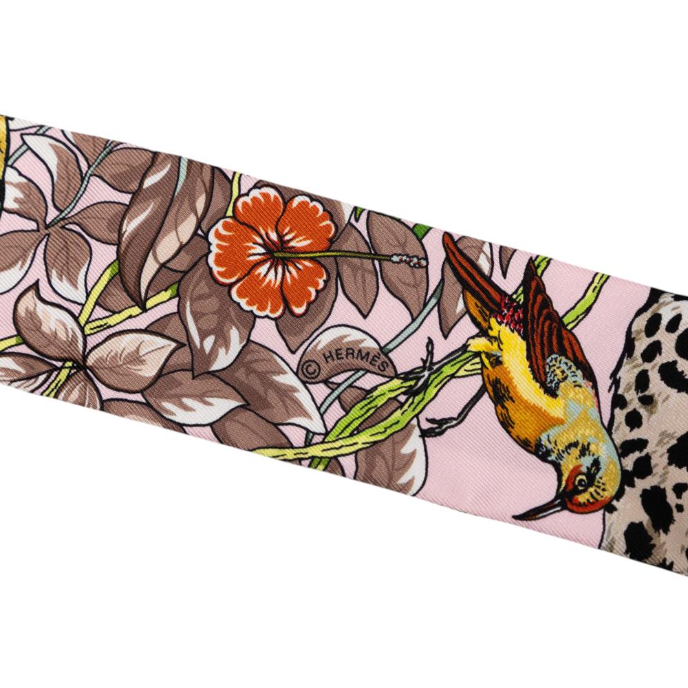 Hermès A Hermès Pink Light Pink Silk Fabric Jungle Love Love Twilly Scarf France