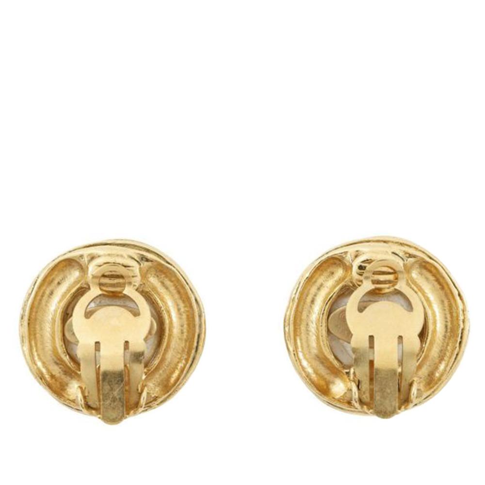 Chanel AB Chanel Gold with White Pearl Gold Plated Metal CC Faux Pearl Round Clip on Earrings France