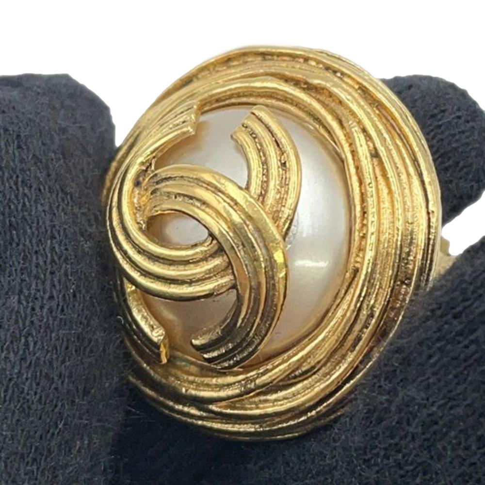 Chanel AB Chanel Gold with White Pearl Gold Plated Metal CC Faux Pearl Round Clip on Earrings France