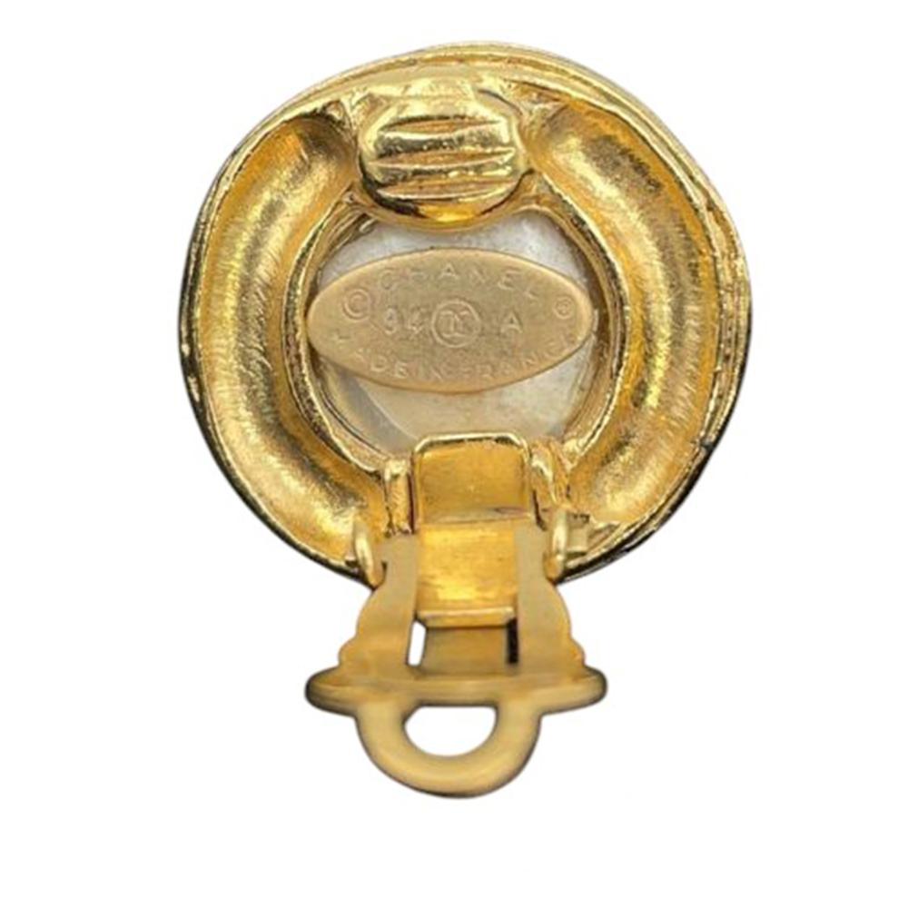 Chanel AB Chanel Gold with White Pearl Gold Plated Metal CC Faux Pearl Round Clip on Earrings France