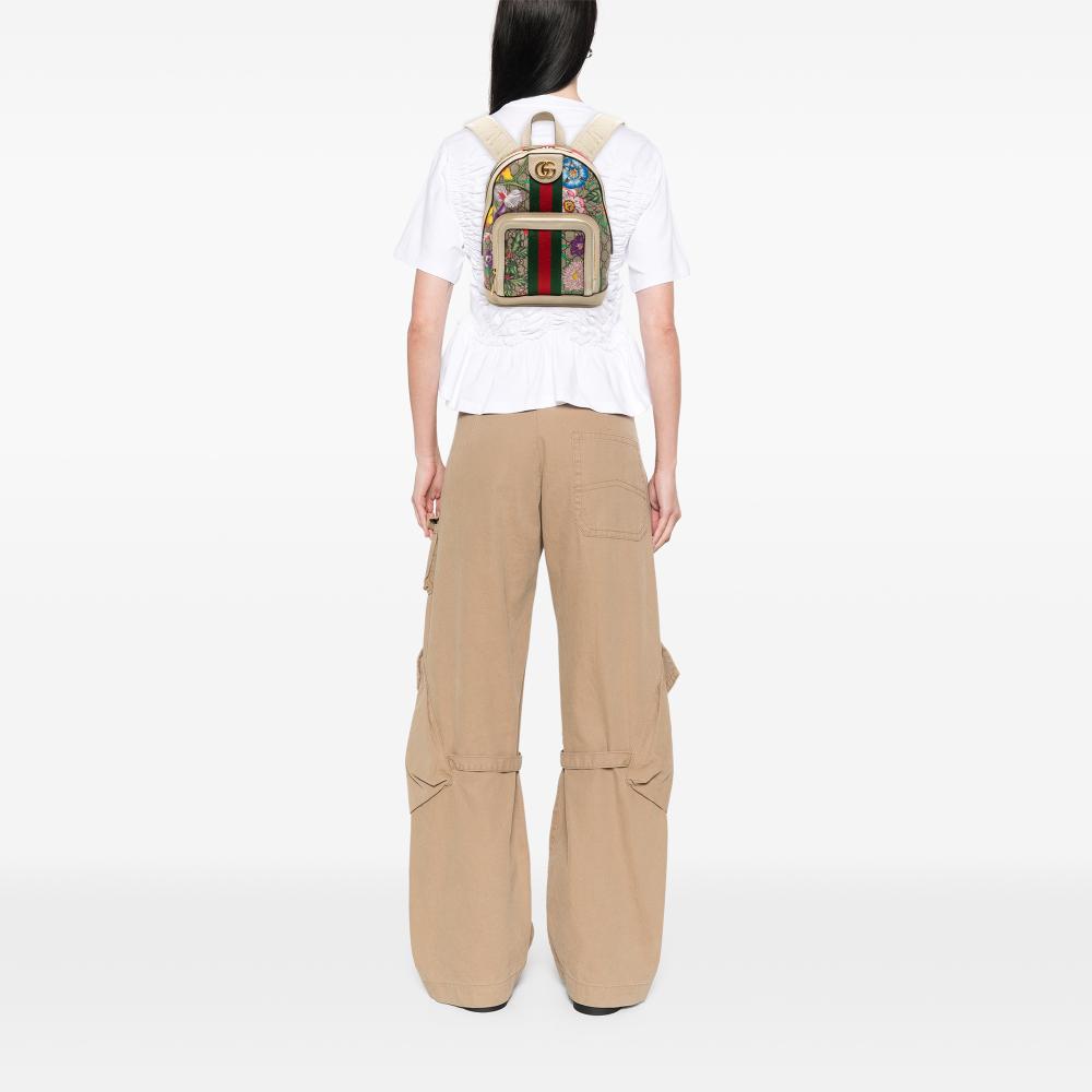 Gucci B Gucci Brown Beige Coated Canvas Fabric Small GG Supreme Flora Ophidia Backpack Italy
