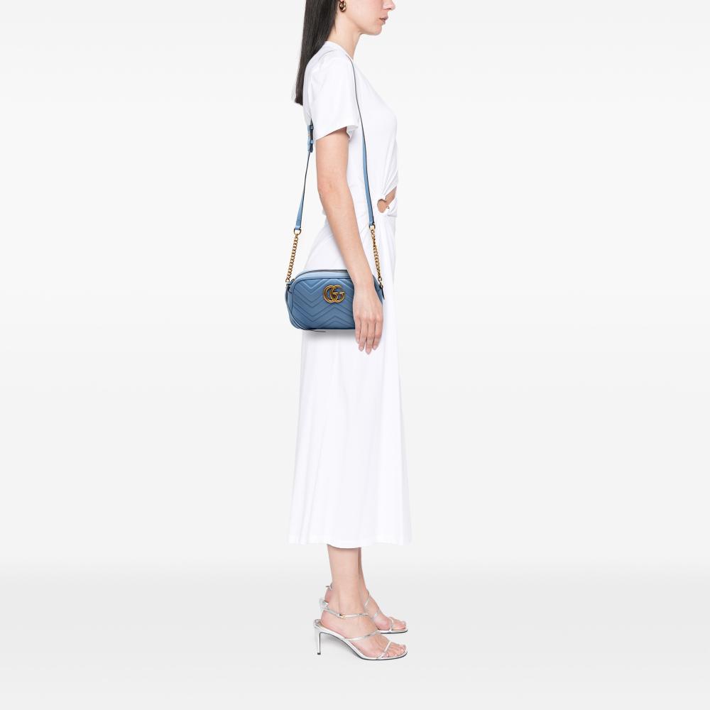 Gucci AB Gucci Blue Calf Leather Small GG Marmont Matelasse Crossbody Italy