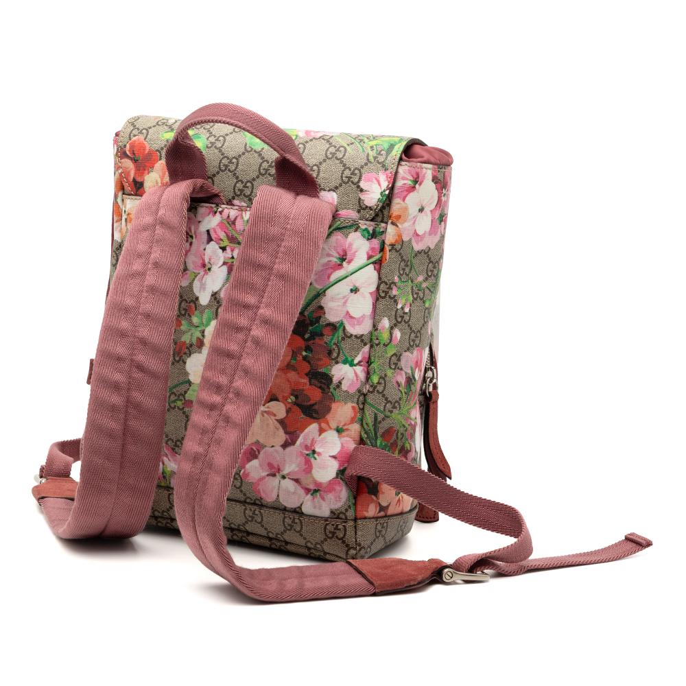 Gucci AB Gucci Brown Beige Coated Canvas Fabric Small GG Supreme Blooms Single Buckle Backpack Italy