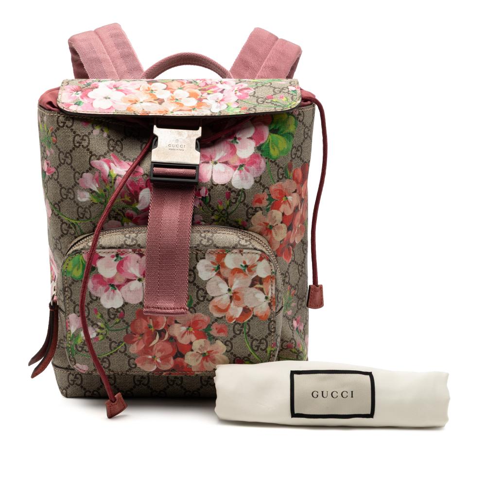 Gucci AB Gucci Brown Beige Coated Canvas Fabric Small GG Supreme Blooms Single Buckle Backpack Italy