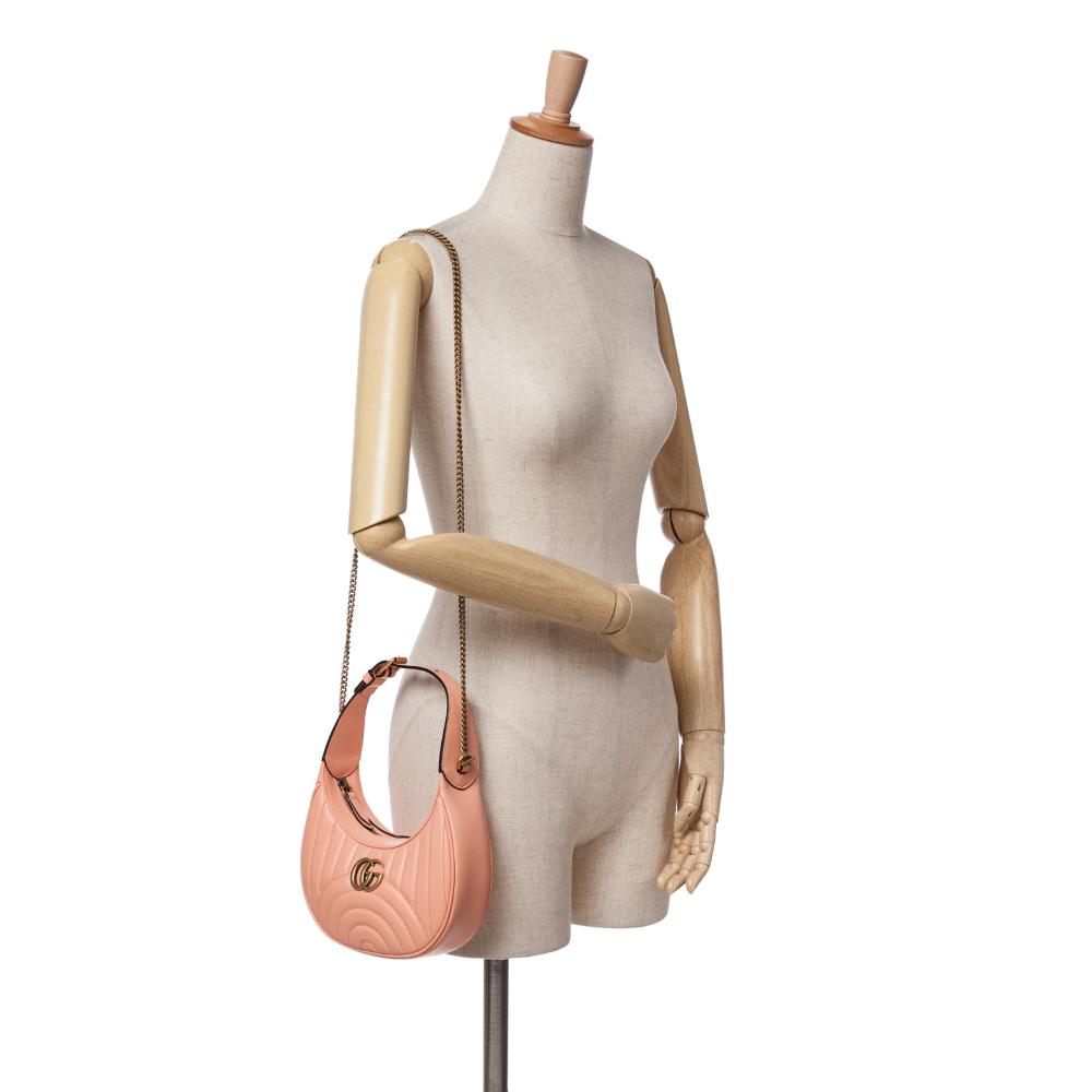 Gucci AB Gucci Pink Calf Leather Mini Matelasse GG Marmont Half Moon Hobo Italy