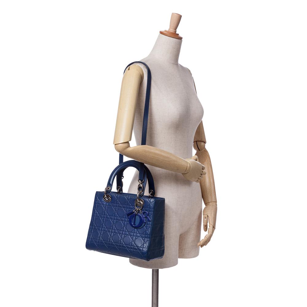 Christian Dior B Dior Blue Dark Blue Calf Leather Medium Ultra Matte skin Embossed Cannage Lady Dior Italy