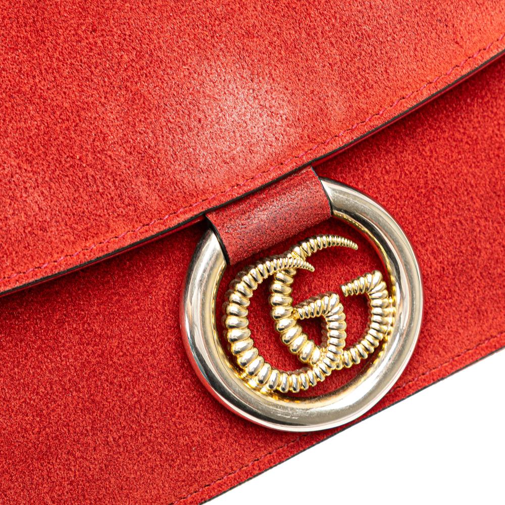 Gucci B Gucci Red Suede Leather Small GG Ring Torchon Crossbody Italy