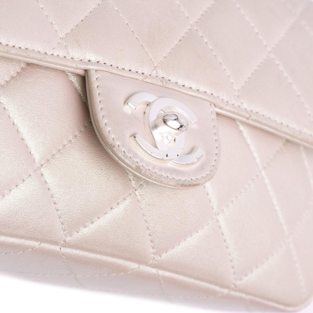 Chanel White Mini Rectangular Classic Iridescent Lambskin Single Flap Italy