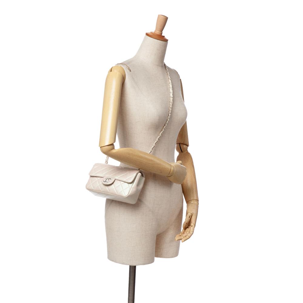 Chanel White Mini Rectangular Classic Iridescent Lambskin Single Flap Italy