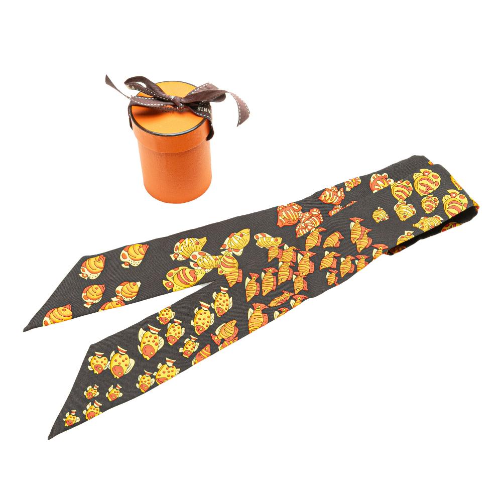Hermès AB Hermès Black with Orange Silk Fabric Rencontre Oceane Twilly Scarf France