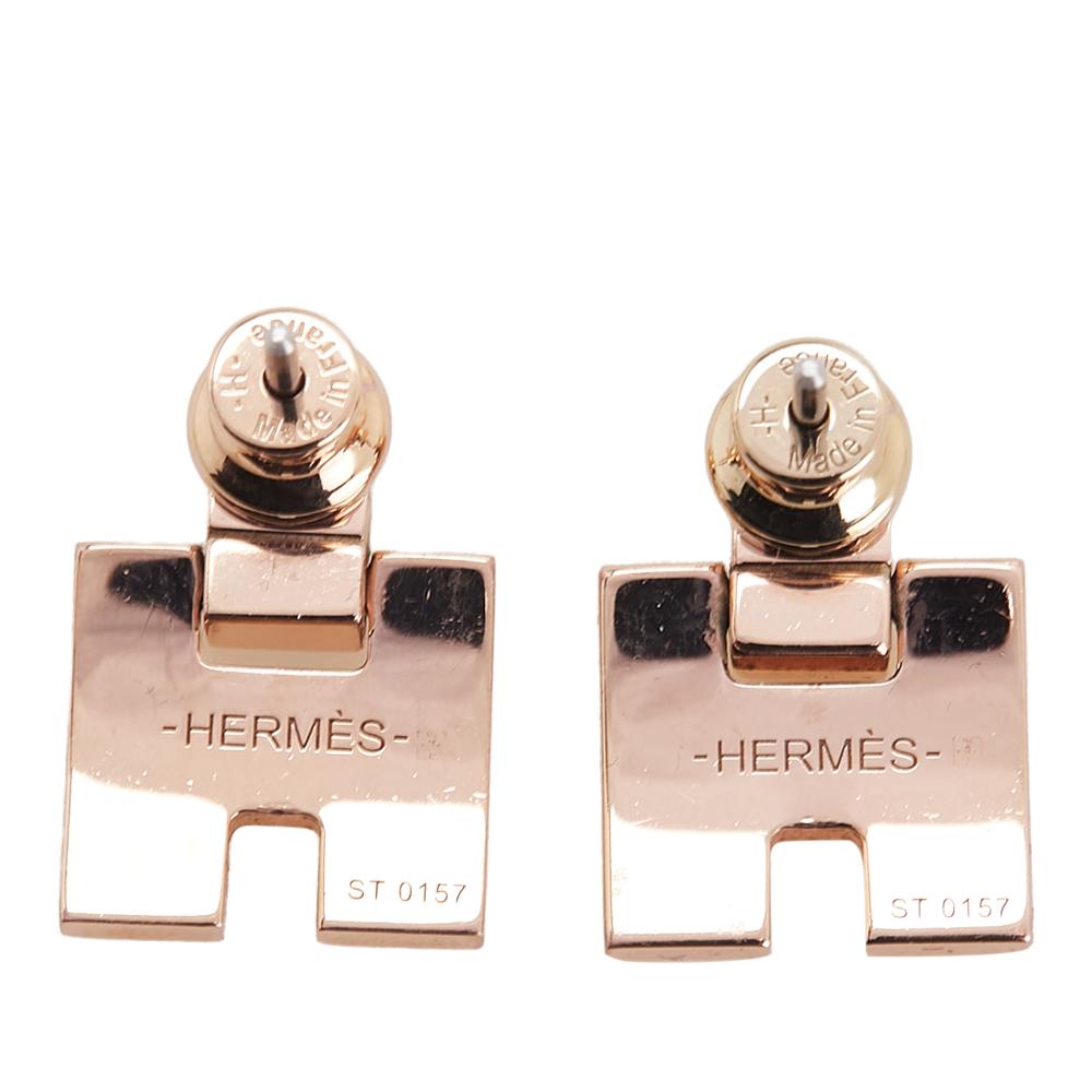 Hermès B Hermès Pink Rose Gold with Black Gold Plated Metal Rose Enamel Eileen Push Back Earrings France