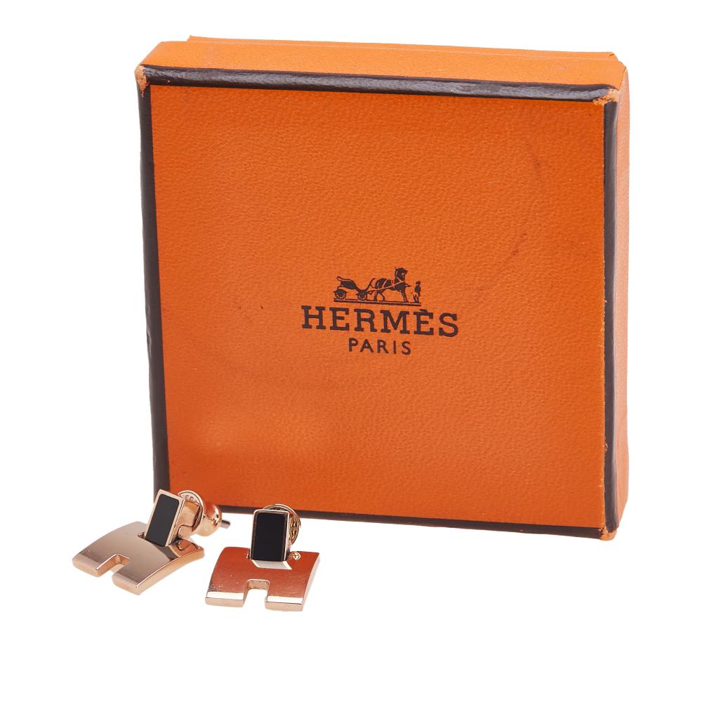 Hermès B Hermès Pink Rose Gold with Black Gold Plated Metal Rose Enamel Eileen Push Back Earrings France