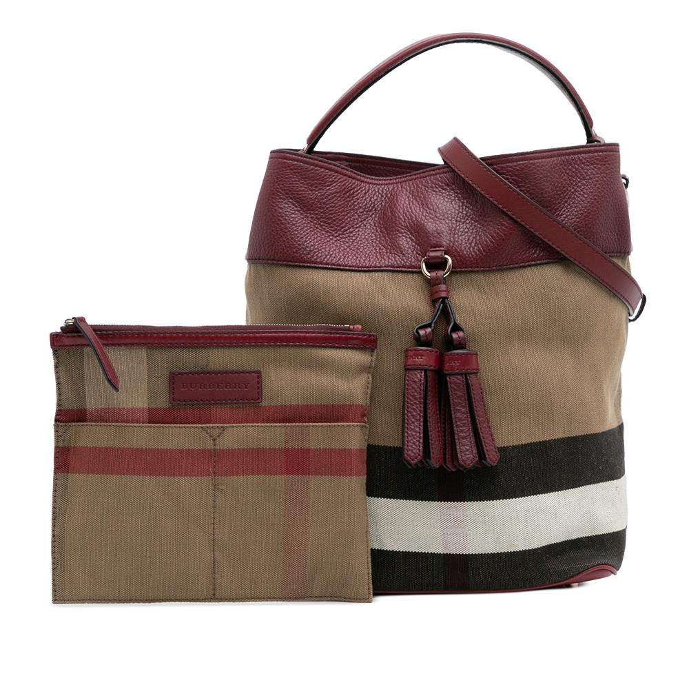 Burberry Brown Medium Mega Check Canvas and Grained Calfskin Ashby Tassel Bucket Bag China