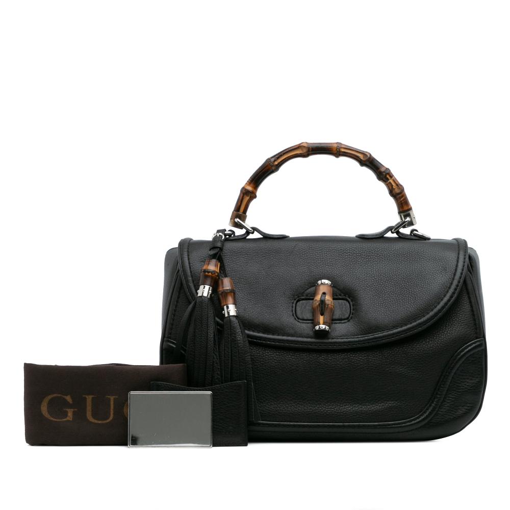 Gucci B Gucci Black Calf Leather Large Pebbled skin New Bamboo Top Handle Bag Italy
